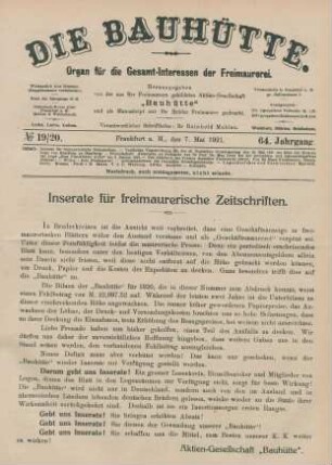 No 19/20. Frankfurt a. M., den 7. Mai 1921. 64. Jahrgang.
