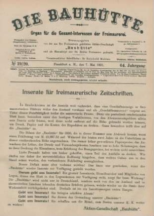 No 19/20. Frankfurt a. M., den 7. Mai 1921. 64. Jahrgang.