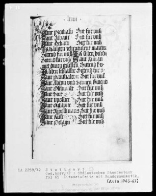 Deutsches Gebetbuch (Waldburg-Gebetbuch) — Litaneiseite mit Initiälchen S und Randornamentik, Folio 65recto