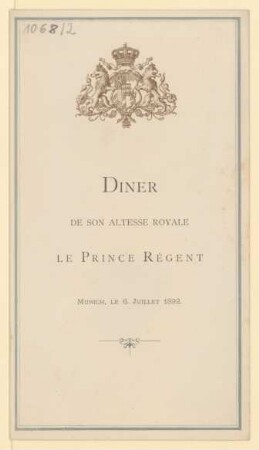 Menükarte : Diner de Son Altesse Royale le Prince Regent