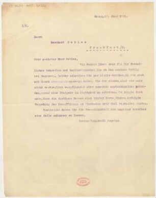 Brief an Bernhard Sekles : 29.06.1921