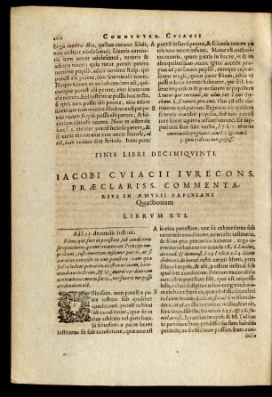 Iacobi Cuiacii ... Commentarius In Aemylii Papiniani Quaestionum Librum XVI.