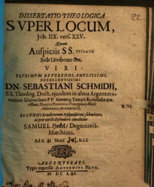 Diss. theol. super locum Johannis, VIII,25