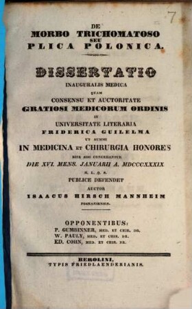 De morbo trichomatoso seu plica Polonica : Diss. inaug. med.