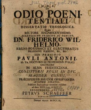 De Odio Poenitentiali Dissertatio Theologica