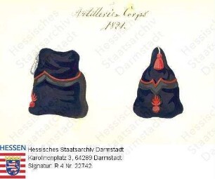Militär, Uniformen / Großherzoglich hessisches Artillerie-Corps / Feldkappen, eingeführt am 1.6.1821 bis 3.1.1824 / Vorder- und Seitenansicht