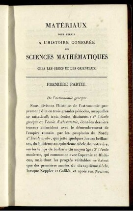 Première Partie. De l'astronomie grecque.
