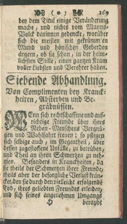 Siebende Abhandlung. Von Complimenten bey Kranckheiten, Absterben und Begräbnüssen