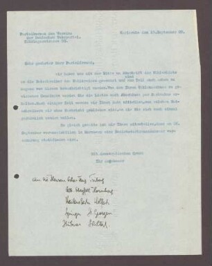 Schreiben des Parteisekretärs der DVP, Karlsruhe, an Parteifreunde aus Triberg, Hornberg, Wolfach, St. Georgen und Schiltach: Abschrift der Wählerlisten und Bezirksvertrauensmännerversammlung in Hornberg, 1 Schreiben (Durchschlag)