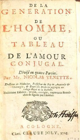 De la generation de l'homme ou tableau de l'amour conjugal : divisé en quatre parties
