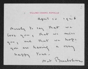 Brief von Max Beerbohm an Gerhart Hauptmann