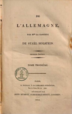 De l'Allemagne, 3. (1813). - 383 S.