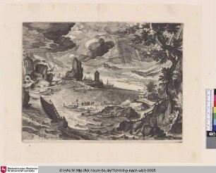 [Küstenlandschaft mit Blick in den Hafen; View in Harbour; Kustlandschap met zeilschip]