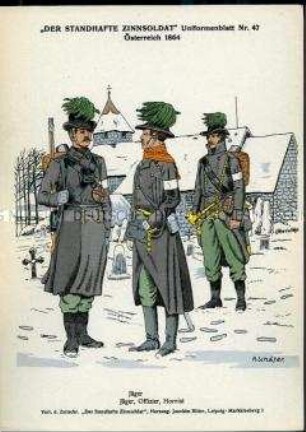 Uniformdarstellung, Gemeiner, Offizier und Hornist des Jäger-Regiments, Kaiserreich Österreich, 1864.