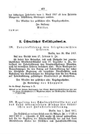 Todeserklärung von kriegsvermißten Lehrern : [E. Öffentliches Volksschulwesen]