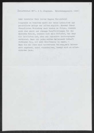 Brief von Gerhart Hauptmann an Magnus Hirschfeld