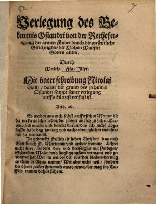 Verlegung des Bekenntnis Osiandri von der Rechtfertigung der armen Sünder durch die wesentliche Gerechtigkwit der Hohen Majestet Gottes allein