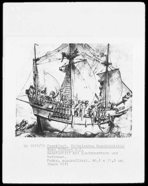 Schiff mit Matrosen und einer Marketenderin beim Gelage