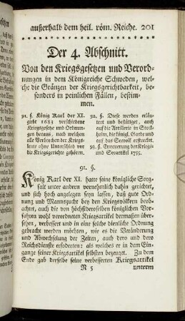 Der 4. Abschnitt. Von den Kriegsgesetzen und Verordnungen in dem Königreiche Schweden, welche die Gränzen der Kriegsgerichtbarkeit, besonders in peinlichen Fällen, bestimmen.