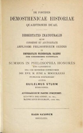 De Fontibus Demosthenicae historiae quaestiones duae