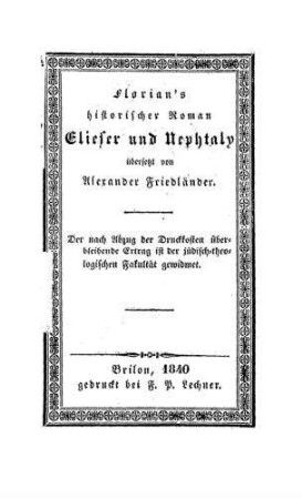 Florian's historischer Roman Elieser und Nephtaly / übers. von Alexander Friedländer