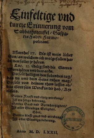Einfeltige vnd kurtze Erinnerung vom Sabbathsteuffel