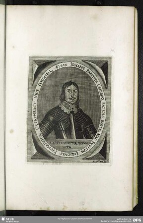 Johann: Baptista Candido, Sac: Caes: Regiaeq[ue] Mai: Equitum Legionis Puchaimicae Cataphract: Vice Colonell[us] Ao. 1649.