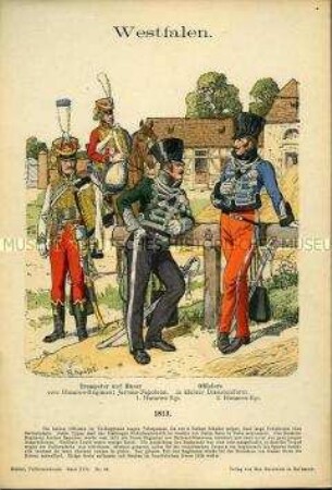 Uniformdarstellung, Trompeter, Gemeiner und Offiziere des 1. bzw. 2. Husaren-Regiments, Königreich Westphalen, 1813.