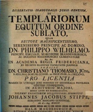 Dissertatio Inauguralis Juris Gentium, De Templariorum Equitum Ordine Sublato