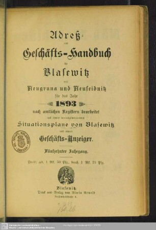 15.1893: Adreß- und Geschäfts-Handbuch für Blasewitz mit Neugruna und Neuseidnitz
