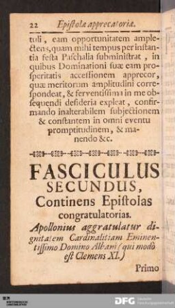 Fasciculus Secundus. Epistolas congratulatorias.