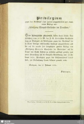 Privilegium gegen den Nachdruck einer zweiten umgearbeiteten und erweiterten Auflage von "Wolfgang Menzels Geschichte der Deutschen"