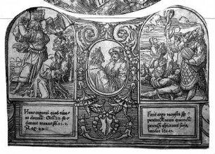 Die sogenannte "Große Passion Christi" — Vignette mit Isaaks Opferung (links), König David mit einem Propheten als Halbfiguren (Mitte) und der eherenen Schlange (rechts)