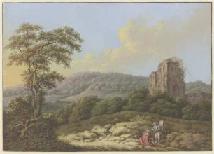 Landschaft mit einer Ruine, links ein hoher Baum, im Vordergrund zwei Wanderer