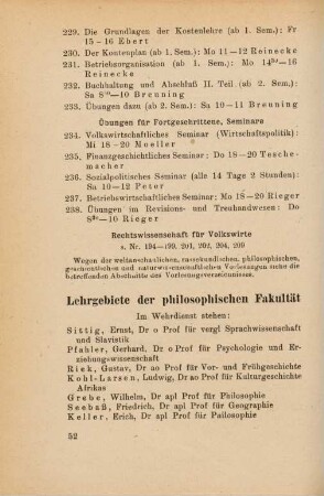 52-60, Lehrgebiete der philosophischen Fakultät