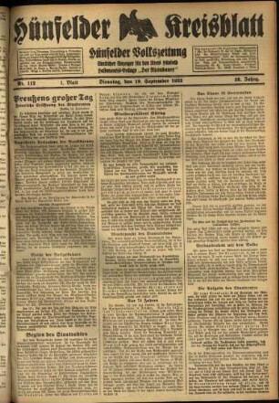 Erste Ausgabe vom Dienstag, den 19. September 1933.