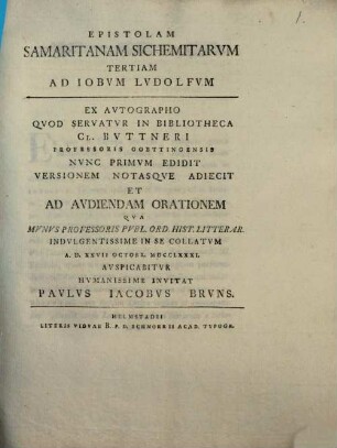 Epistolam Samaritanam Sichemitarum tertiam, ad Iobum Ludolfum ...
