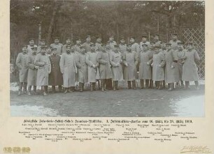 Teilnehmer (ca. dreiunddreissig Personen) am Lehrkurs der Infanterie-Schiessschule Spandau vor Wald, neben Einzäunung, stehend