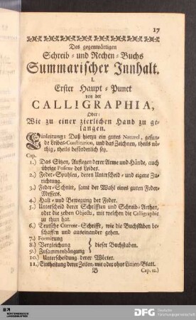 Des gegenwärtigen Schreib- und Rechen-Buchs Summarischer Innhalt.