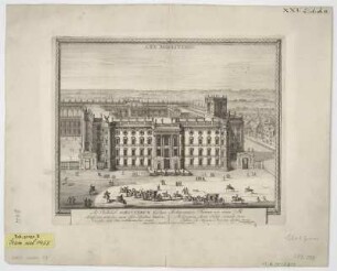Ansicht von dem Stadtschloss in Berlin, Kupferstich, um 1702 : Arx Berolinensis : Ad Nobiliss. Schluterum Gedan. Architectonices ura aetate M. ; cum Privil. ord. Holl. et West Fri. ; in honoram Civis S.V Ged. / Pet. Schenk exc. - Amsteld[ami] , [1702]. - 1 Kunstbl. : Kupferst. ; Plattengr. 27 x 22 cm. Auch enth. in: Petri Schenkii Hecatompolis sive totius orbis terrarum oppida nobiliora centum. - Auch col. ersch.