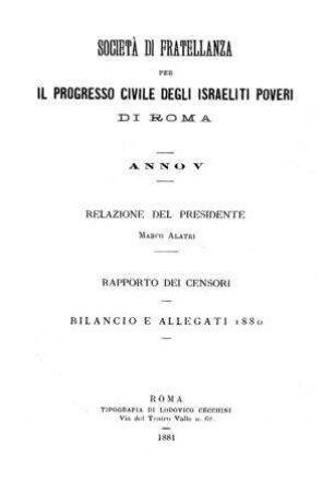 Relazione del Marco Alatri : rapporto dei censori ; bilancio ed allegati