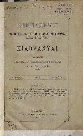 Az Erdélyi Múzeum-Egylet Bölcselet-, Nyelv- és Történelemtudományi Szakosztályának kiadványai. 5. 1888, Fuzet 4 - 6