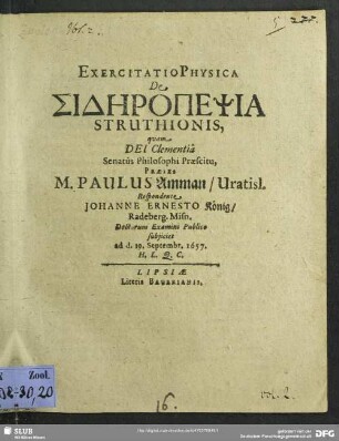 Exercitatio Physica De Sidēropepsia Struthionis
