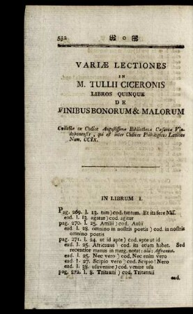 Variae Lectiones in M. Tullii Ciceronis Libros Quinque de Finibus Bonorum & Malorum ...