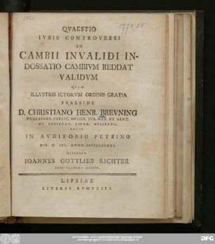 Qvaestio Ivris Controversi An Cambii Invalidi Indossatio Cambivm Reddat Validvm