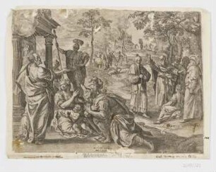 Petrus und Paulus bei der Predigt, im Hintergrund Moses, die Kranken und Armen einladend, aus: "Gleichnis vom Hochzeitsmahl"