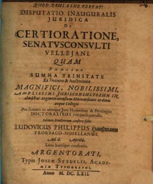 Disputatio inauguralis iuridica de certioratione senatusconsulti Velleiani