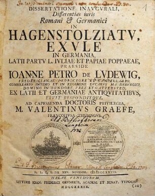 Dissertatione Inaugurali, Differentiae iuris Romani & Germanici In Hagenstolziatu, Exule In Germania, Latii Partu L. Iuliae Et Papiae Poppaeae