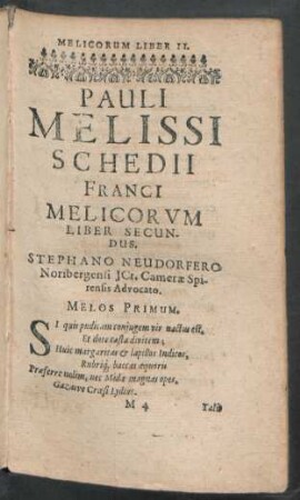 Pauli Melissi Schedii Franci Melicorum Liber Secundas.