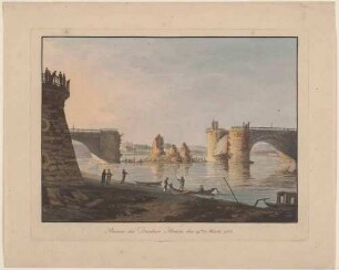 Die durch Napoleonische Truppen am 19. März 1813 gesprengte Augustusbrücke in Dresden